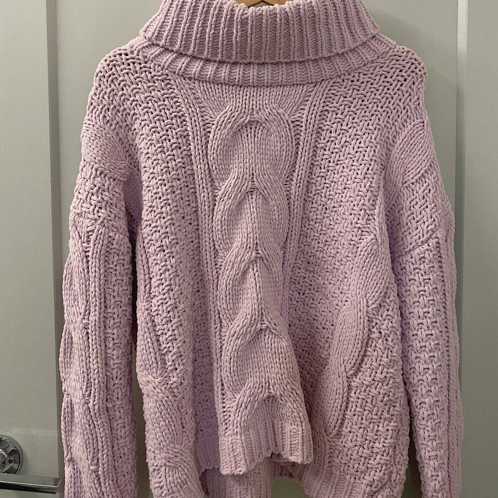 Just Madison Lavender Light Pink Cable Knit Chunky Turtleneck Sweater NEW